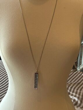 Silver Bar Pendant Necklace with Clear Crystals